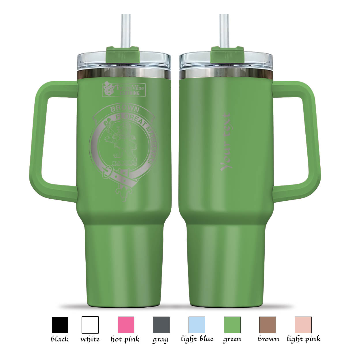 Tartan Vibes Clothing Brown Engraved Family Crest Tumbler with Handle