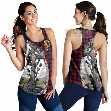 Tartan Vibes Clothing Brown (Broun) Tartan Women's Racerback Tanks with Family Crest and St. Andrew's Cross Accented by Thistle Vines