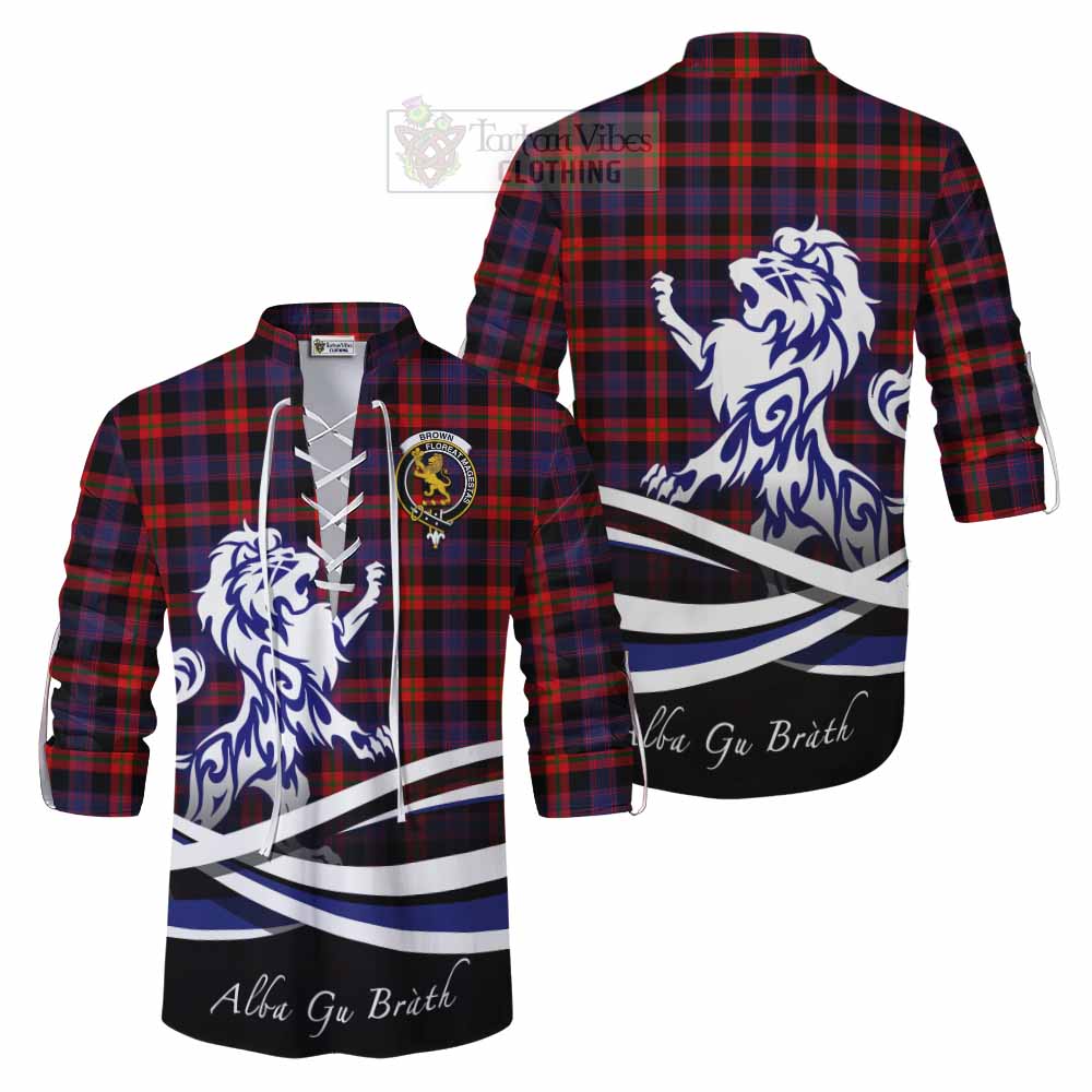 Tartan Vibes Clothing Brown (Broun) Tartan Ghillie Kilt Shirt with Alba Gu Brath Regal Lion Emblem