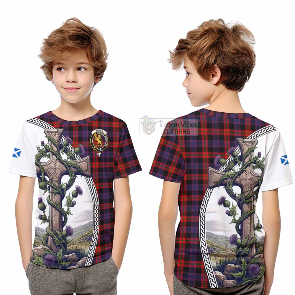 Tartan Vibes Clothing Brown (Broun) Tartan Kid T-Shirt with Family Crest and St. Andrew's Cross Accented by Thistle Vines