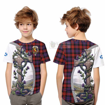 Tartan Vibes Clothing Brown (Broun) Tartan Kid T-Shirt with Family Crest and St. Andrew's Cross Accented by Thistle Vines