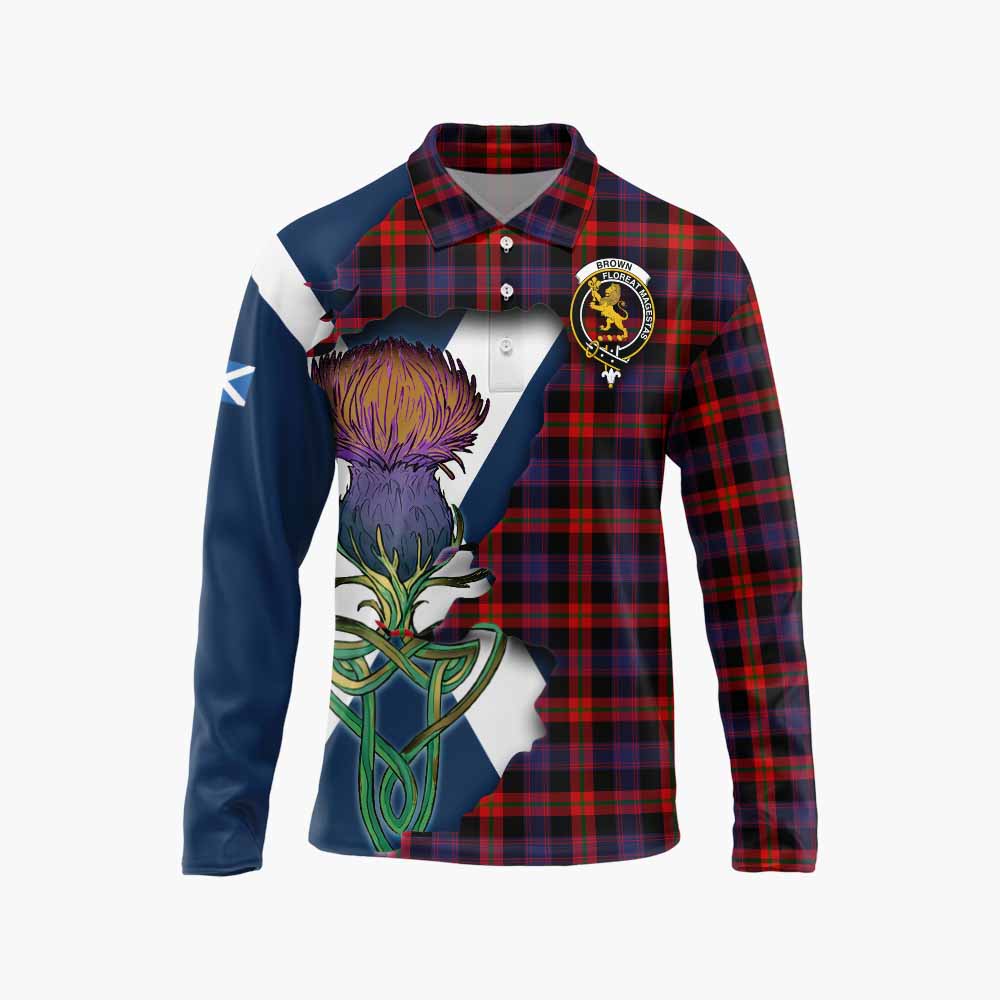 Tartan Vibes Clothing Brown (Broun) Tartan Family Crest Long Sleeve Polo Shirt Scottish Thistle Celtic Inspired