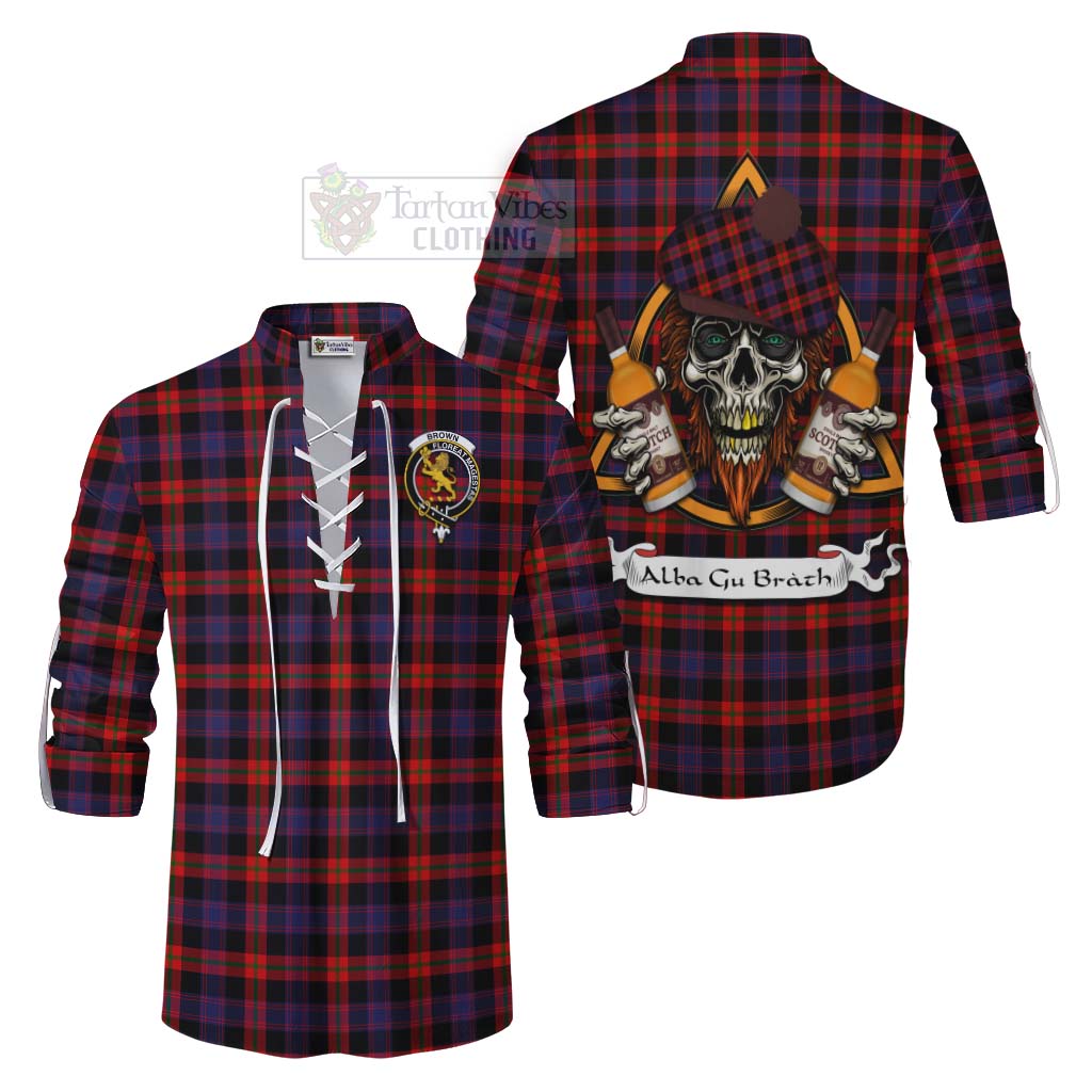 Tartan Vibes Clothing Brown (Broun) Tartan Ghillie Kilt Shirt with Family Crest and Bearded Skull Holding Bottles of Whiskey