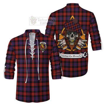 Tartan Vibes Clothing Brown (Broun) Tartan Ghillie Kilt Shirt with Family Crest and Bearded Skull Holding Bottles of Whiskey