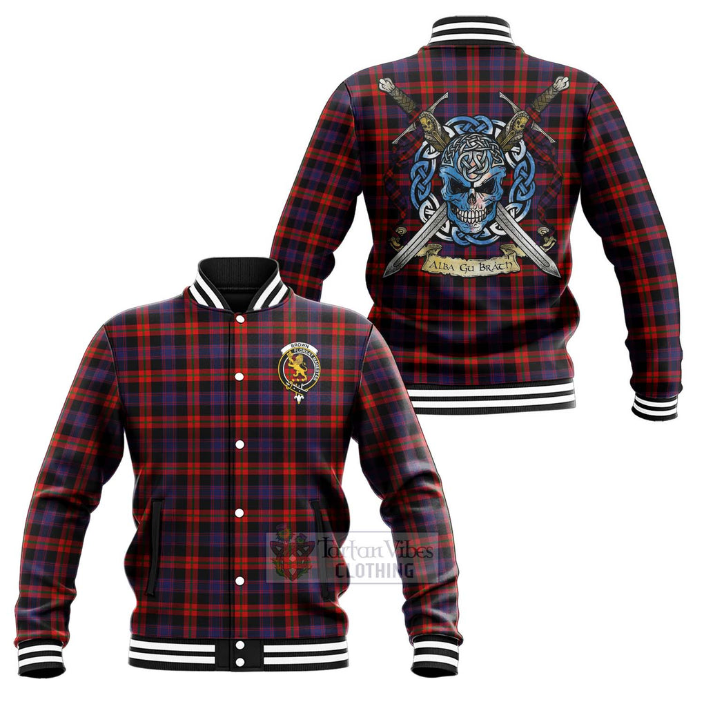 Tartan Vibes Clothing Brown (Broun) Tartan Baseball Jacket with Family Crest Celtic Skull Style