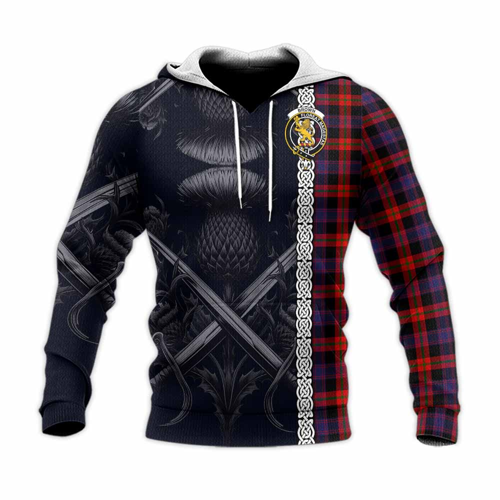 Tartan Vibes Clothing Brown (Broun) Tartan Knitted Hoodie with Family Crest Cross Sword Thistle Celtic Vibes