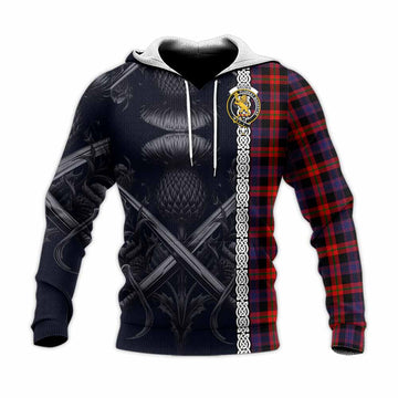 Tartan Vibes Clothing Brown (Broun) Tartan Knitted Hoodie with Family Crest Cross Sword Thistle Celtic Vibes