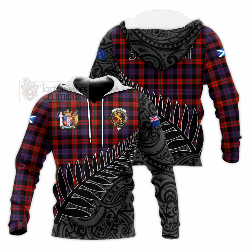 Tartan Vibes Clothing Brown (Broun) Crest Tartan Knitted Hoodie with New Zealand Silver Fern Half Style