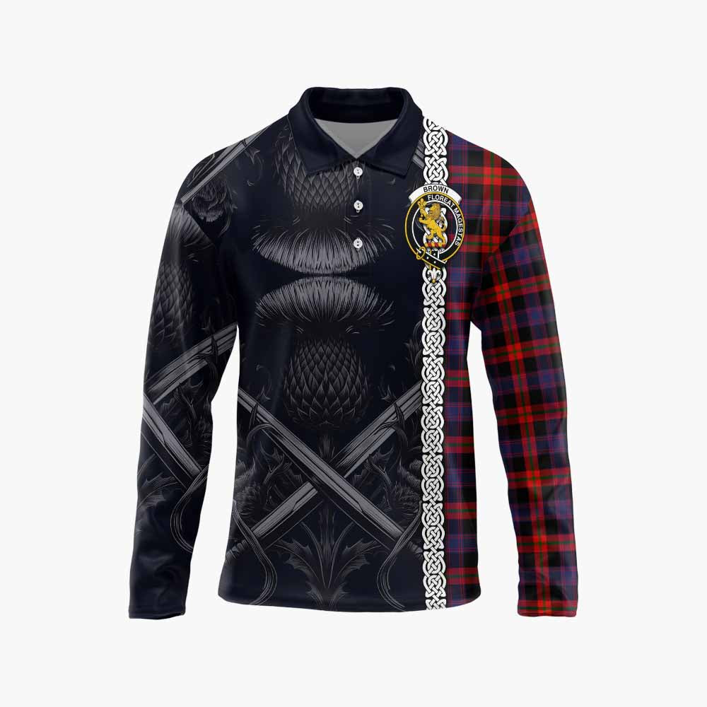 Tartan Vibes Clothing Brown (Broun) Tartan Long Sleeve Polo Shirt with Family Crest Cross Sword Thistle Celtic Vibes