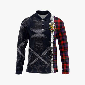 Tartan Vibes Clothing Brown (Broun) Tartan Long Sleeve Polo Shirt with Family Crest Cross Sword Thistle Celtic Vibes