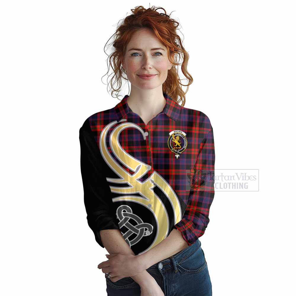 Tartan Vibes Clothing Brown (Broun) Tartan Women's Casual Shirt with Family Crest and Celtic Symbol Style