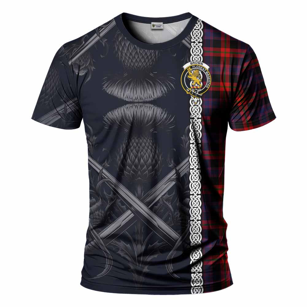 Tartan Vibes Clothing Brown (Broun) Tartan T-Shirt with Family Crest Cross Sword Thistle Celtic Vibes