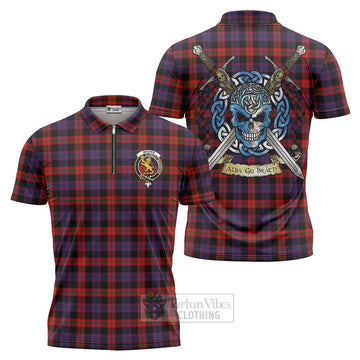 Tartan Vibes Clothing Brown (Broun) Tartan Zipper Polo Shirt with Family Crest Celtic Skull Style