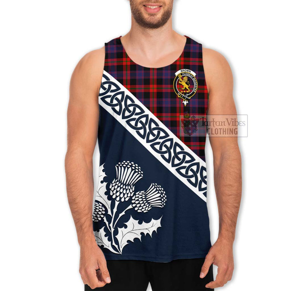 Tartan Vibes Clothing Brown (Broun) Tartan Men's Tank Top Featuring Thistle and Scotland Map