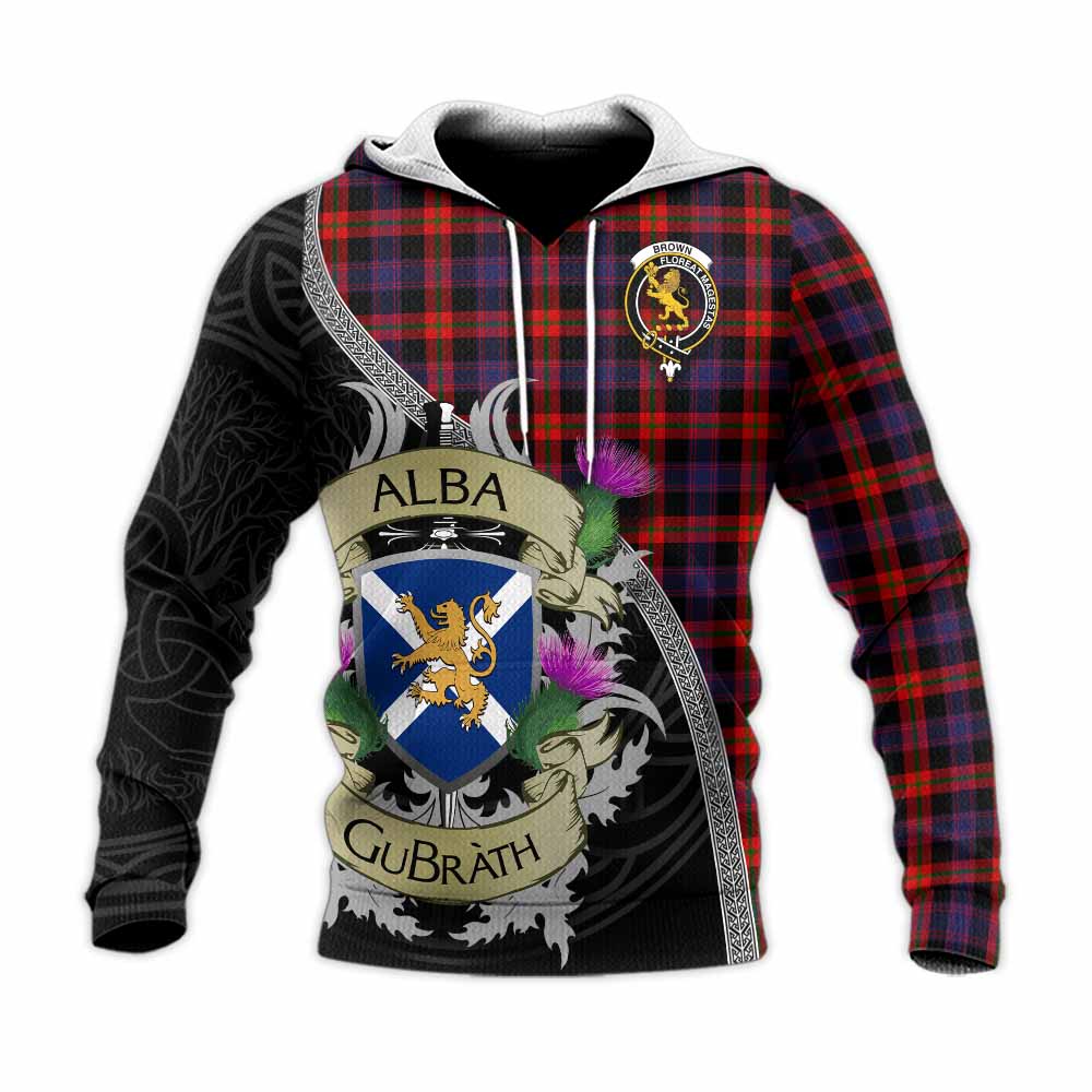 Tartan Vibes Clothing Brown (Broun) Tartan Family Crest Knitted Hoodie Lion Rampant Royal Thistle Shield Celtic Inspired