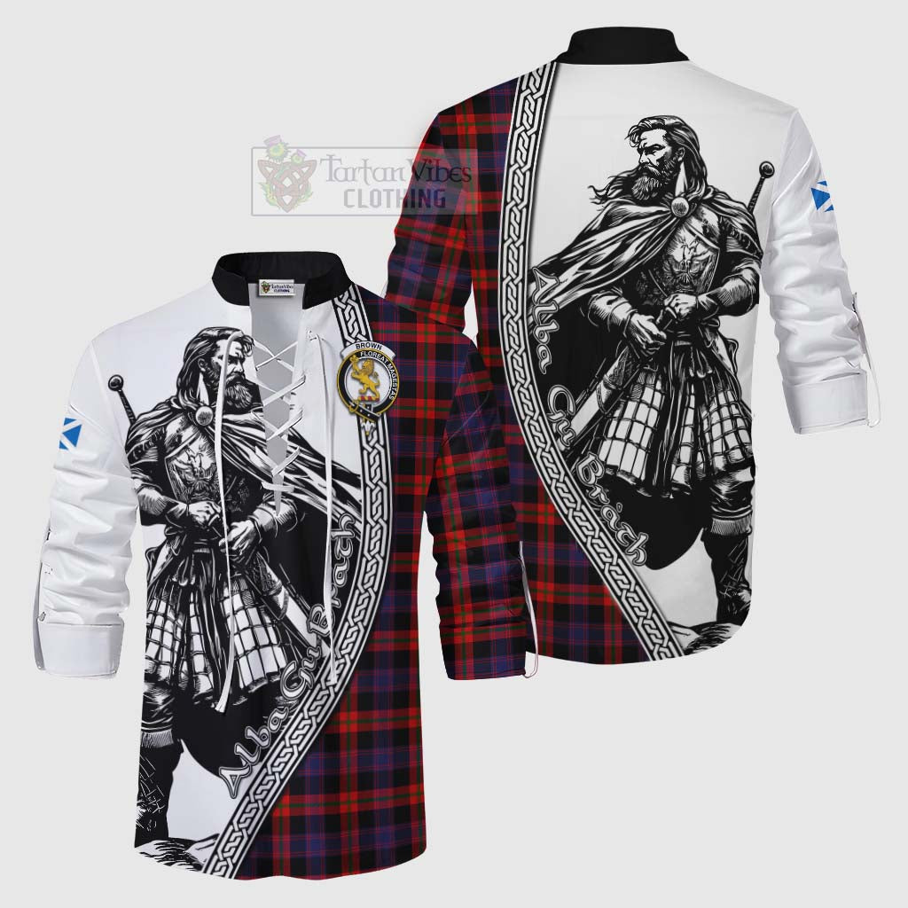 Tartan Vibes Clothing Brown (Broun) Tartan Clan Crest Ghillie Kilt Shirt with Highlander Warrior Celtic Style