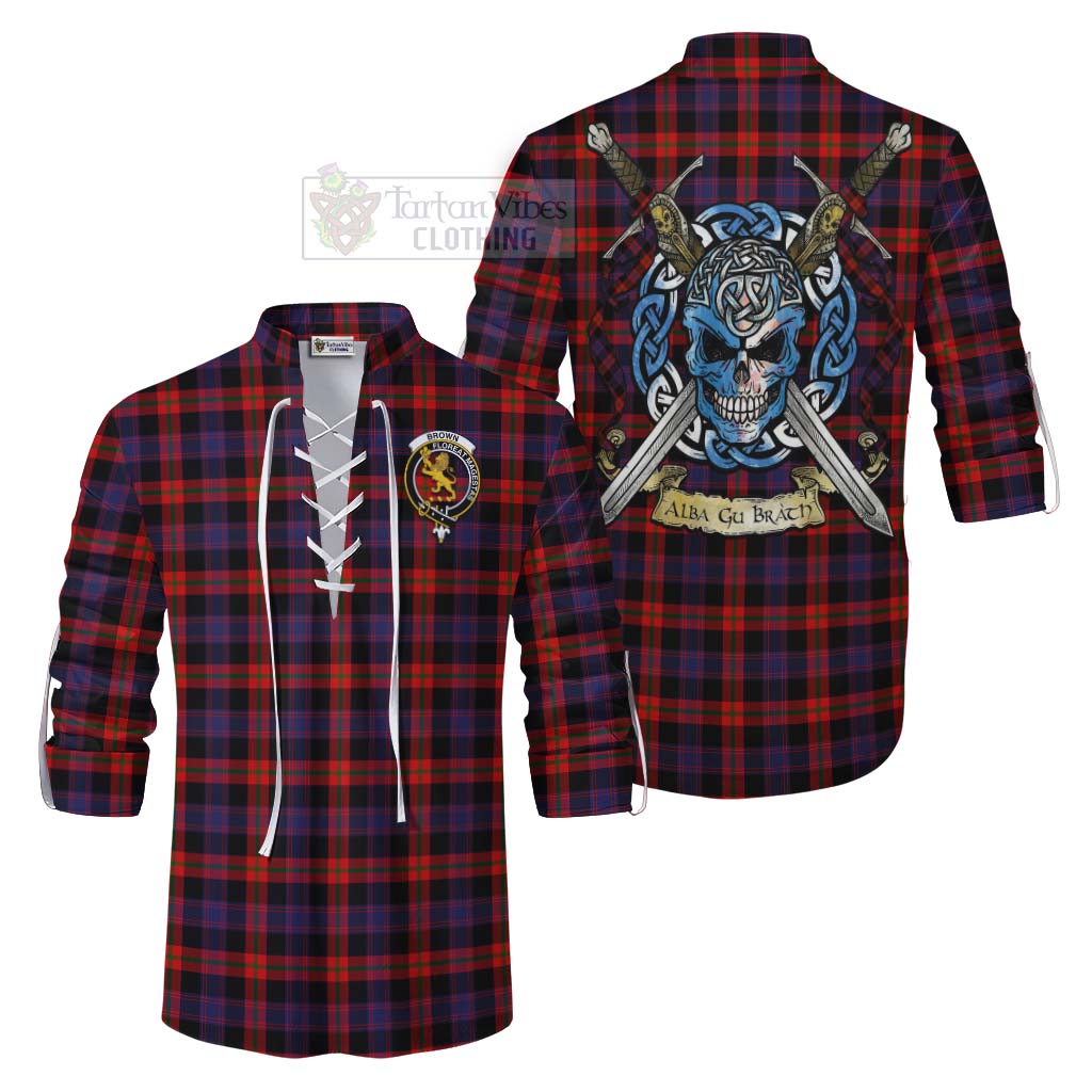 Tartan Vibes Clothing Brown (Broun) Tartan Ghillie Kilt Shirt with Family Crest Celtic Skull Style