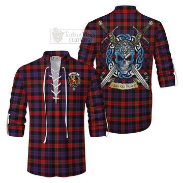 Tartan Vibes Clothing Brown (Broun) Tartan Ghillie Kilt Shirt with Family Crest Celtic Skull Style