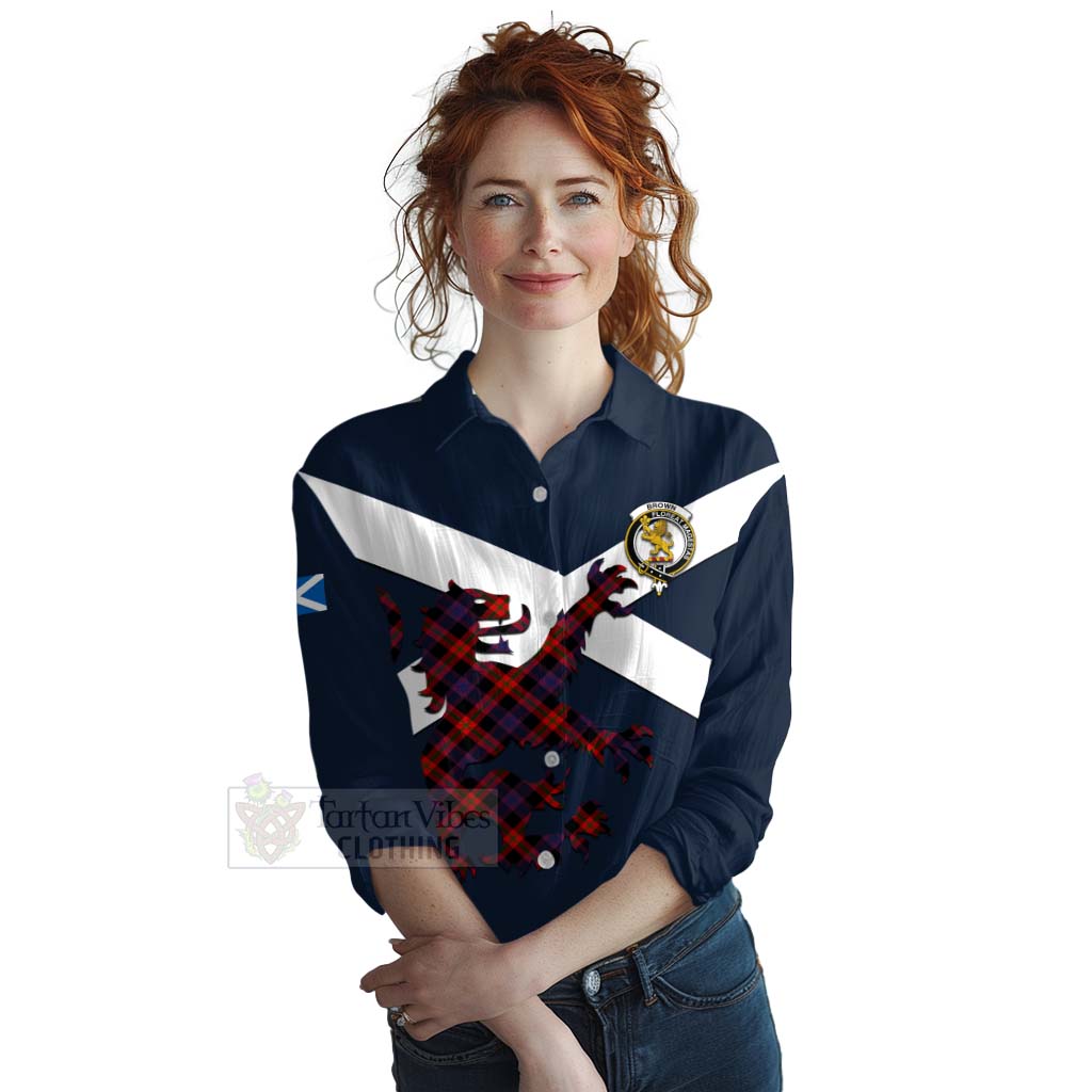 Tartan Vibes Clothing Brown (Broun) Tartan Lion Rampant Women's Casual Shirt Proudly Display Your Heritage with Alba Gu Brath and Clan Name