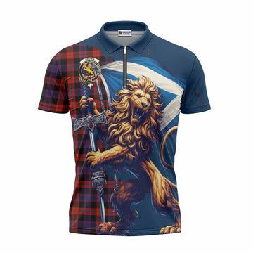 Tartan Vibes Clothing Brown (Broun) Tartan Family Crest Zipper Polo Shirt with Scottish Majestic Lion