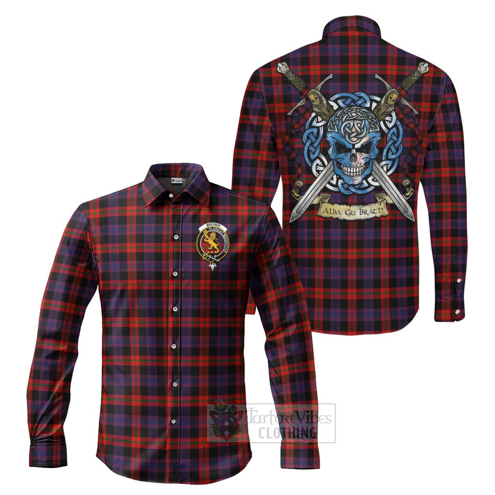 Tartan Vibes Clothing Brown (Broun) Tartan Long Sleeve Button Shirt with Family Crest Celtic Skull Style
