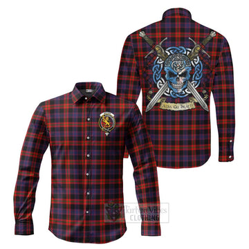 Tartan Vibes Clothing Brown (Broun) Tartan Long Sleeve Button Shirt with Family Crest Celtic Skull Style