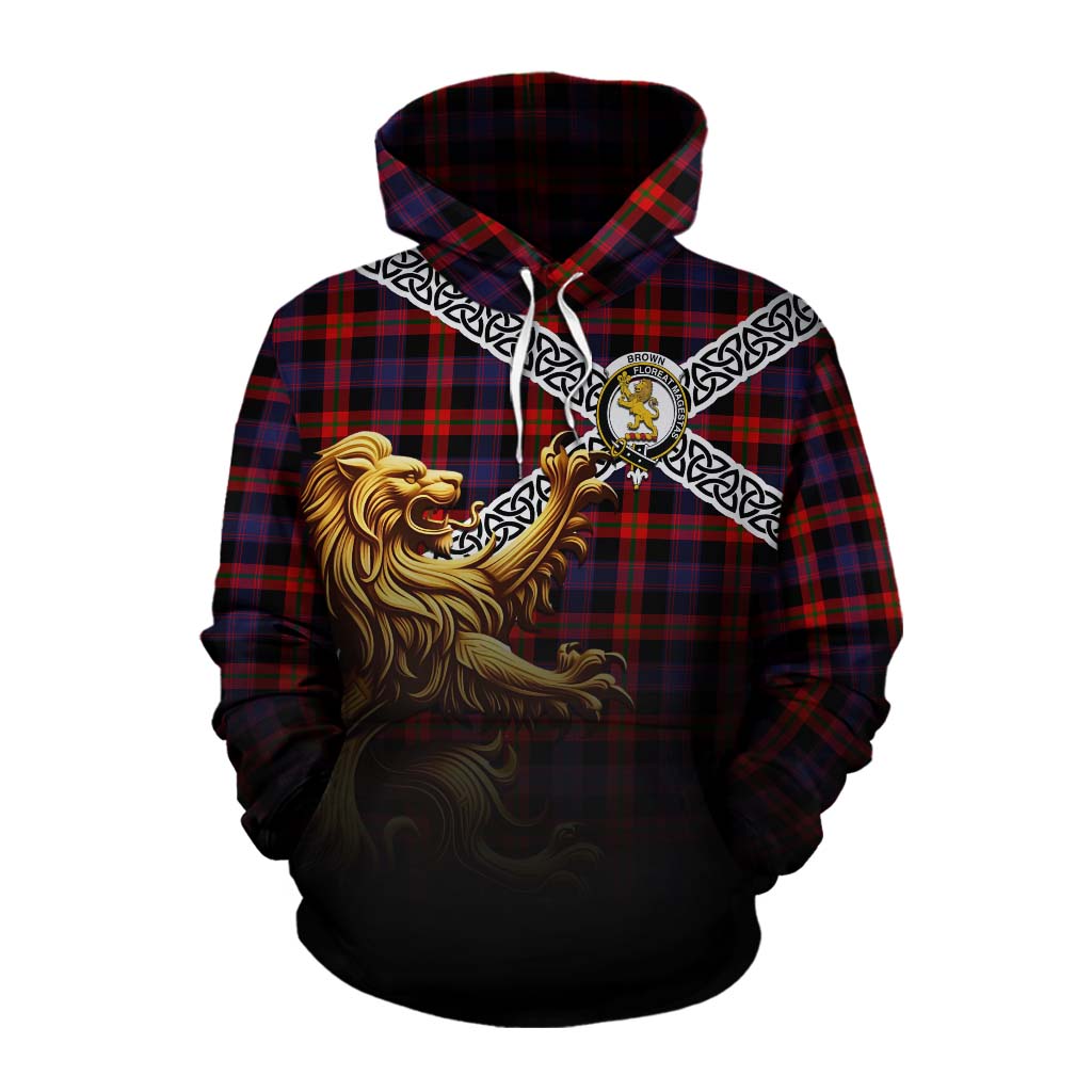 Tartan Vibes Clothing Brown (Broun) Crest Tartan Cotton Hoodie with Golden Lion Emblem Celtic Style