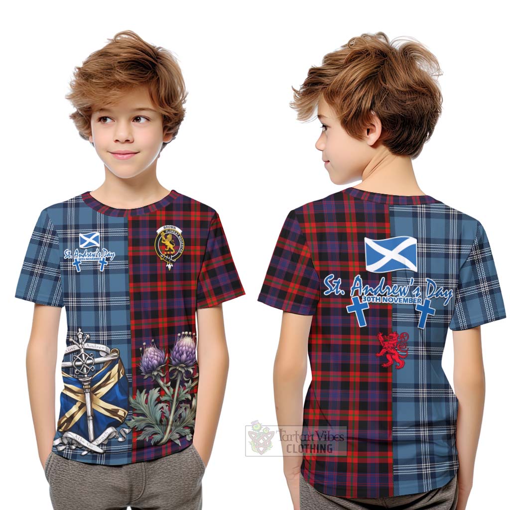 Tartan Vibes Clothing Brown (Broun) Tartan Kid T-Shirt Happy St. Andrew's Day Half Tartan Style