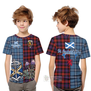 Tartan Vibes Clothing Brown (Broun) Tartan Kid T-Shirt Happy St. Andrew's Day Half Tartan Style