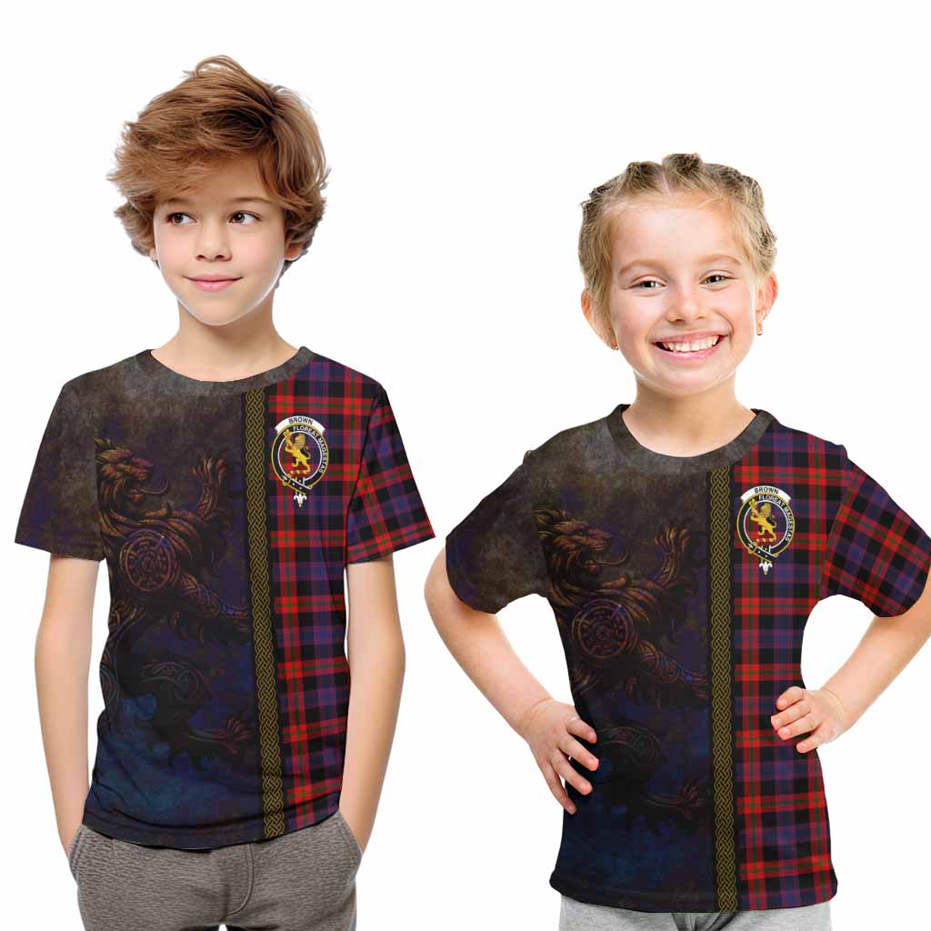 Tartan Vibes Clothing Brown (Broun) Tartan Family Crest Kid T-Shirt Alba Gu Brath Be Brave Lion Ancient Style