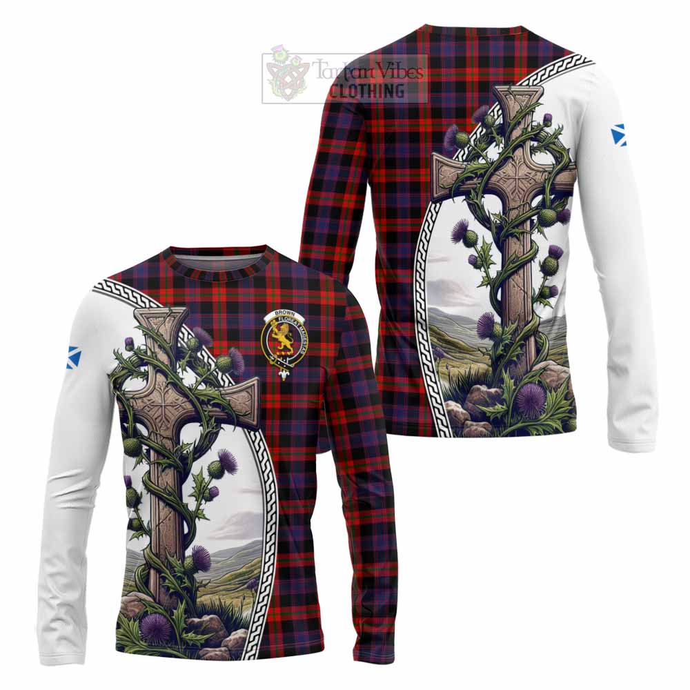 Tartan Vibes Clothing Brown (Broun) Tartan Long Sleeve T-Shirt with Family Crest and St. Andrew's Cross Accented by Thistle Vines
