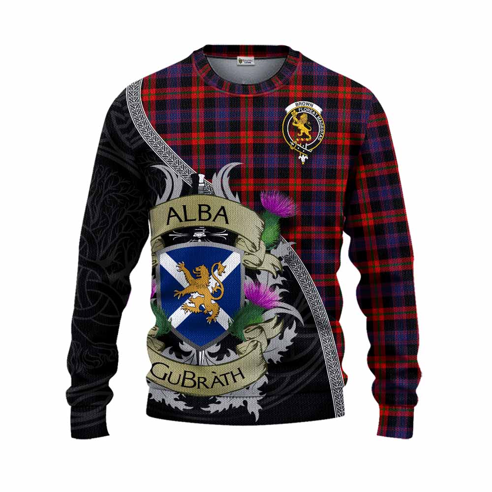 Tartan Vibes Clothing Brown (Broun) Tartan Family Crest Knitted Sweater Lion Rampant Royal Thistle Shield Celtic Inspired