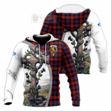 Tartan Vibes Clothing Brown (Broun) Tartan Knitted Hoodie with Family Crest and St. Andrew's Cross Accented by Thistle Vines