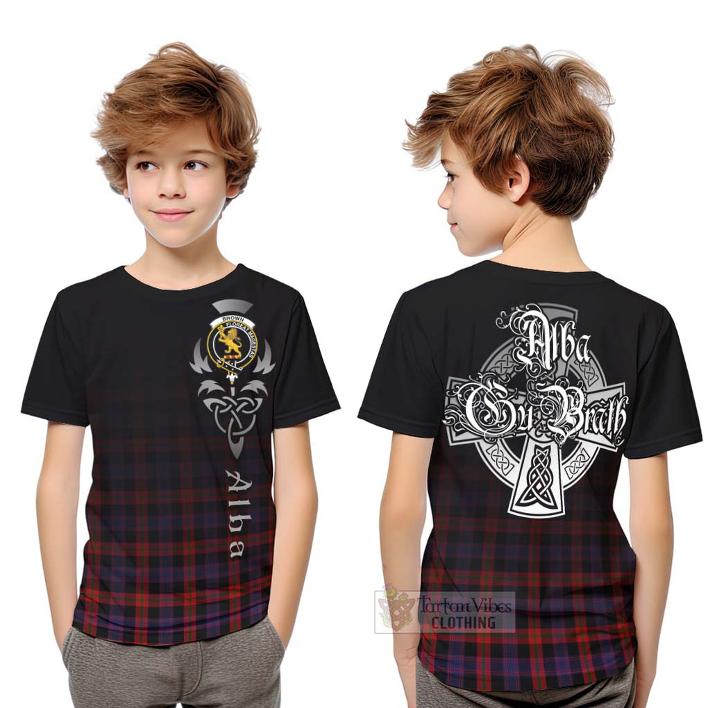 Tartan Vibes Clothing Brown (Broun) Tartan Kid T-Shirt Featuring Alba Gu Brath Family Crest Celtic Inspired