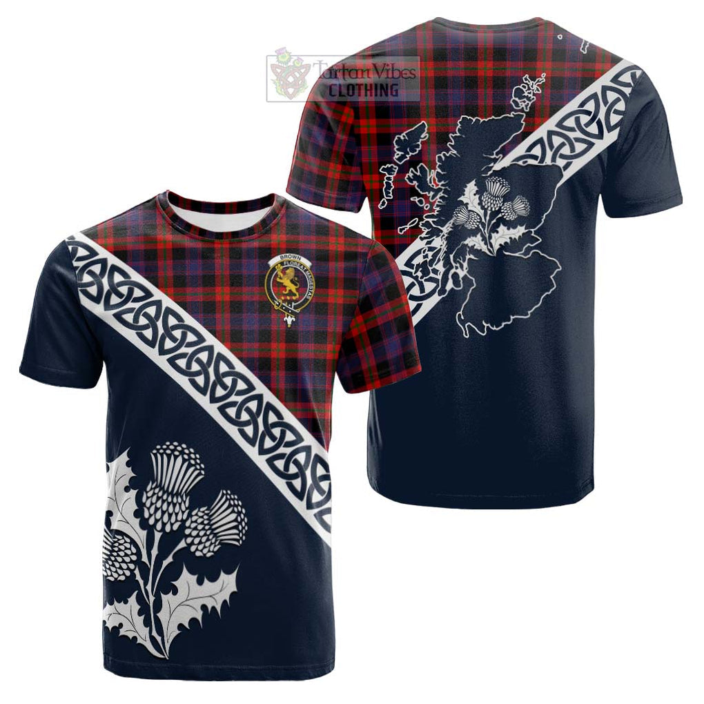 Tartan Vibes Clothing Brown (Broun) Tartan Cotton T-shirt Featuring Thistle and Scotland Map