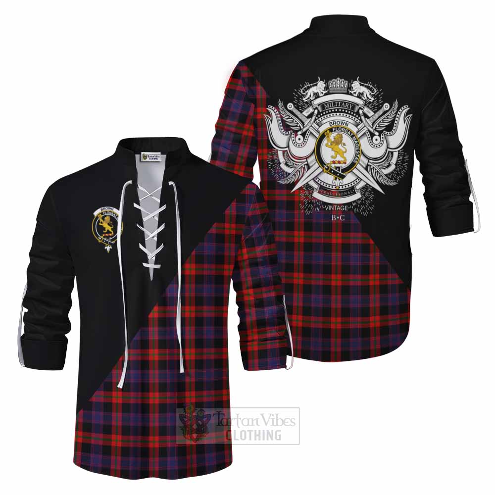 Tartan Vibes Clothing Brown (Broun) Tartan Ghillie Kilt Shirt with Family Crest and Military Logo Style
