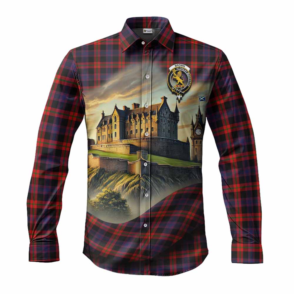 Tartan Vibes Clothing Brown (Broun) Tartan Family Crest Long Sleeve Button Shirt with Scottish Ancient Castle Style