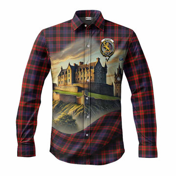 Tartan Vibes Clothing Brown (Broun) Tartan Family Crest Long Sleeve Button Shirt with Scottish Ancient Castle Style