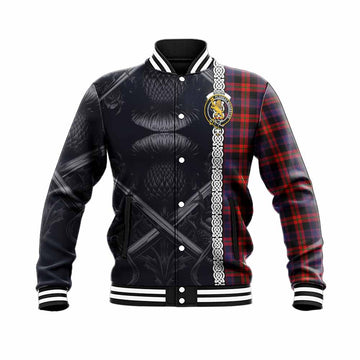 Tartan Vibes Clothing Brown (Broun) Tartan Baseball Jacket with Family Crest Cross Sword Thistle Celtic Vibes