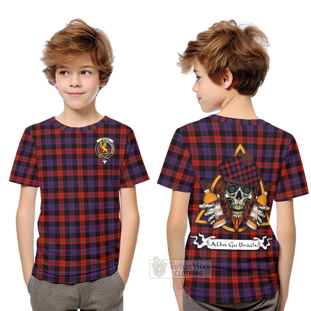 Tartan Vibes Clothing Brown (Broun) Tartan Kid T-Shirt with Family Crest and Bearded Skull Holding Bottles of Whiskey