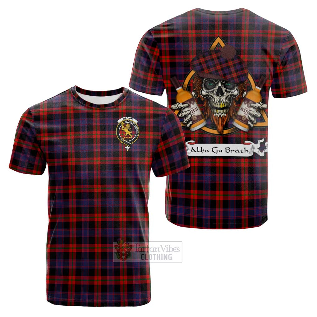 Tartan Vibes Clothing Brown (Broun) Tartan Cotton T-shirt with Family Crest and Bearded Skull Holding Bottles of Whiskey