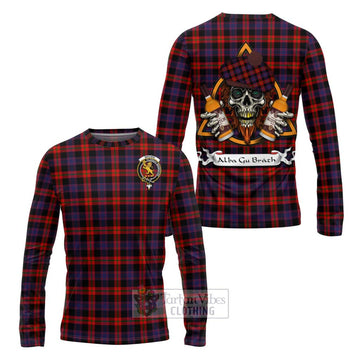 Tartan Vibes Clothing Brown (Broun) Tartan Long Sleeve T-Shirt with Family Crest and Bearded Skull Holding Bottles of Whiskey