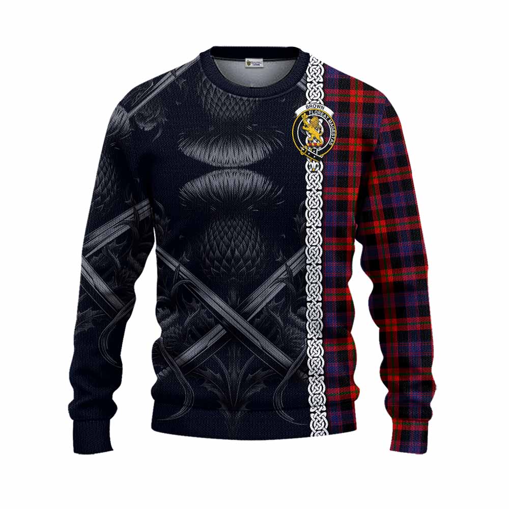 Tartan Vibes Clothing Brown (Broun) Tartan Knitted Sweater with Family Crest Cross Sword Thistle Celtic Vibes