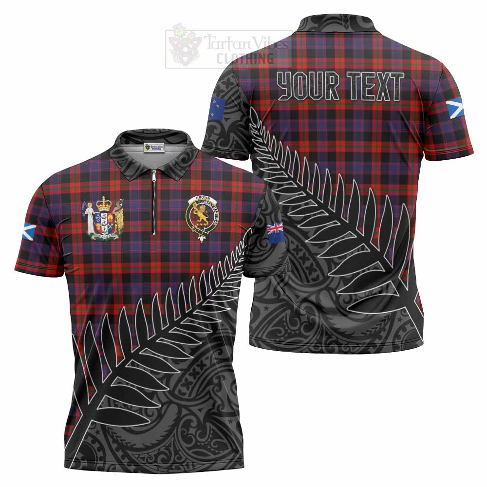 Tartan Vibes Clothing Brown (Broun) Crest Tartan Zipper Polo Shirt with New Zealand Silver Fern Half Style