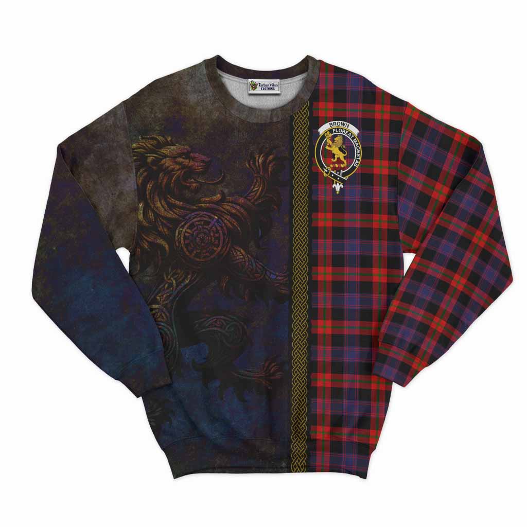 Tartan Vibes Clothing Brown (Broun) Tartan Family Crest Sweatshirt Alba Gu Brath Be Brave Lion Ancient Style