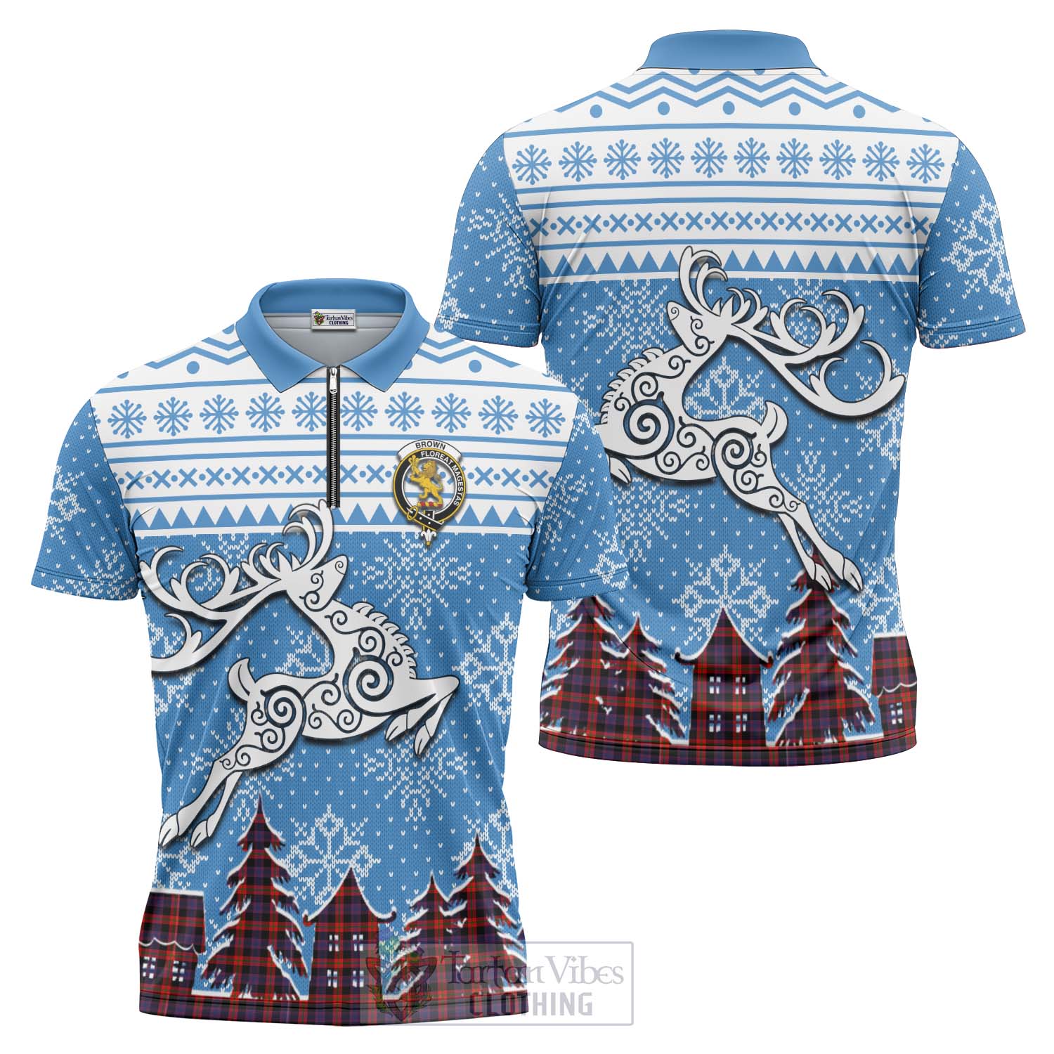 Tartan Vibes Clothing Brown (Broun) Clan Christmas Zipper Polo Shirt Celtic Reindeer Style