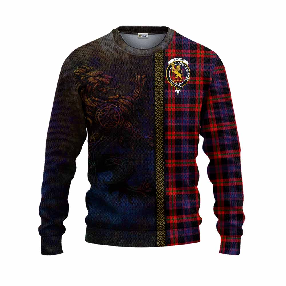 Tartan Vibes Clothing Brown (Broun) Tartan Family Crest Knitted Sweater Alba Gu Brath Be Brave Lion Ancient Style