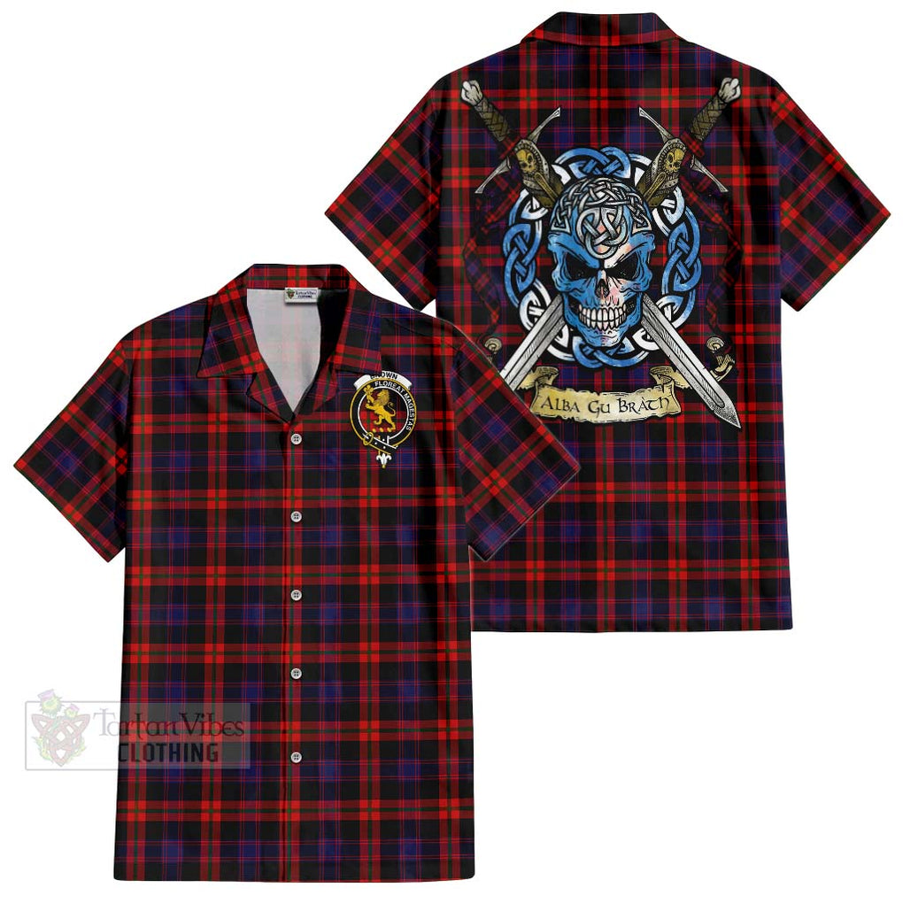 Tartan Vibes Clothing Brown (Broun) Tartan Short Sleeve Button Shirt with Family Crest Celtic Skull Style