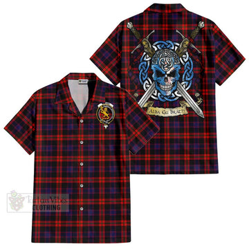Tartan Vibes Clothing Brown (Broun) Tartan Short Sleeve Button Shirt with Family Crest Celtic Skull Style