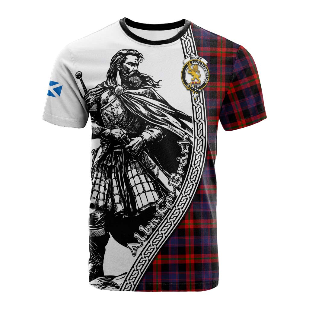 Brown (Broun) Tartan Clan Crest Cotton T-shirt with Highlander Warrior Celtic Style